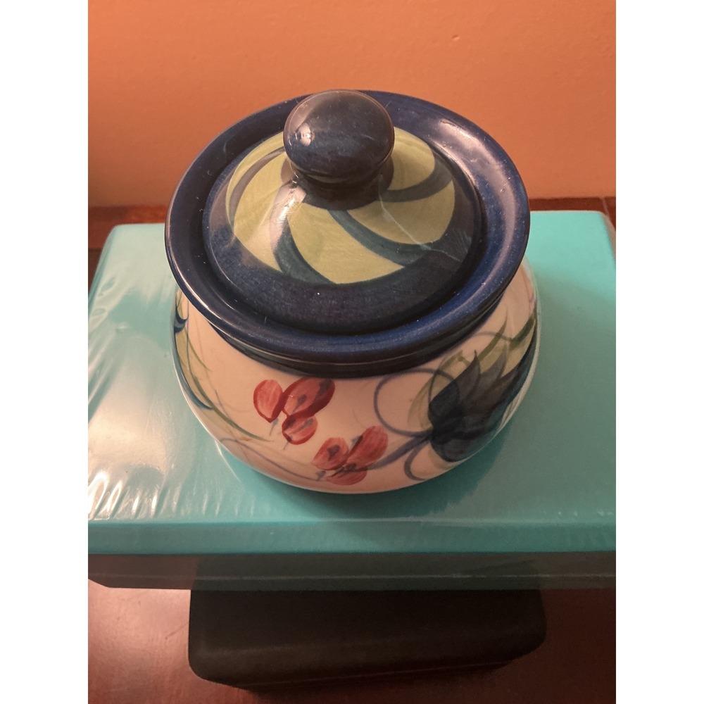 Gail Pittman 1988 Hand Painted Ceramic Lidded Jar Floral Studio Pottery Blue